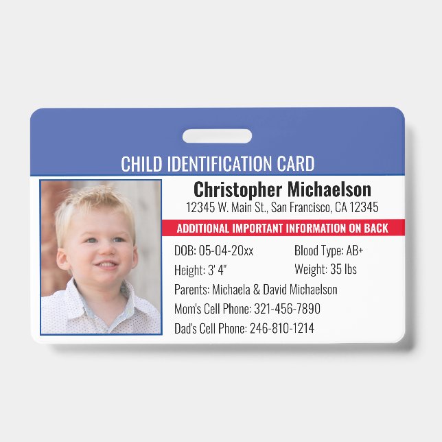Child Allergy Photo Identification Emergency ID Badge (Front)