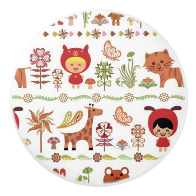 Child and Animals Pattern Ceramic Knob (Front)