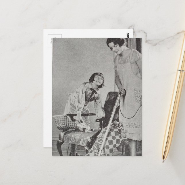 Child and Mother Vacuum Cleaning Black and White Postcard (Front/Back In Situ)