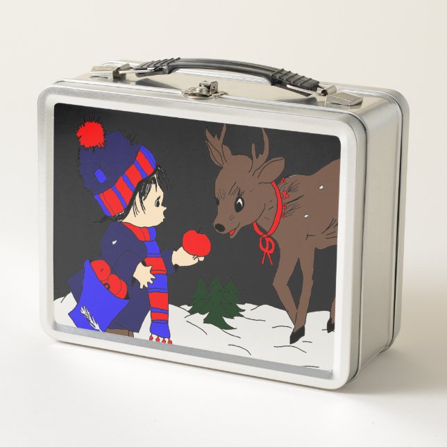 Child and Reindeer at Night Metal Lunch Box (Front)