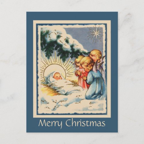 Child Angels Baby Jesus and Snowy Pine Tree Postcard