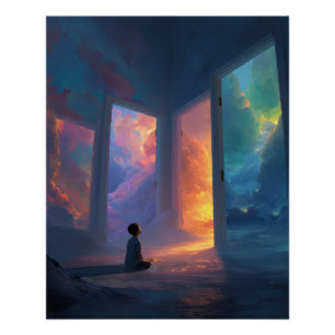 Child Before Portals of Colorful Worlds Poster