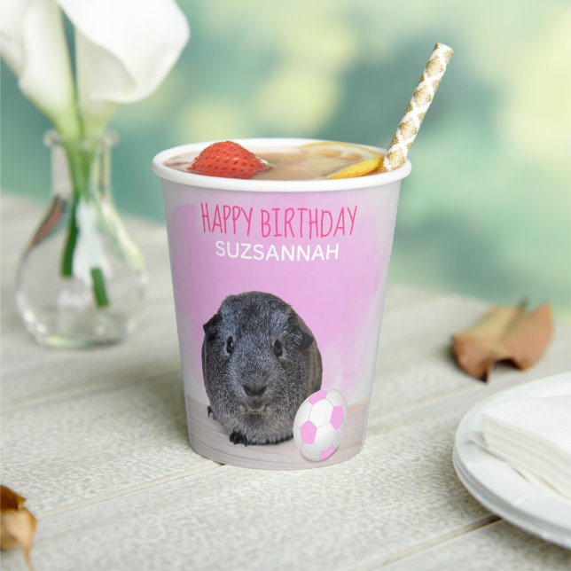 Child Birthday Guinea Pig Pink White Soccer Ball Paper Cups (Insitu)