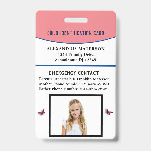 Child Boy Girl ID Identification Card Allergy Badge