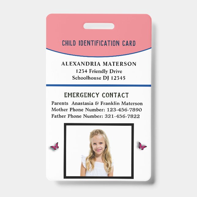 Child Boy Girl ID Identification Card Allergy Badge (Front)