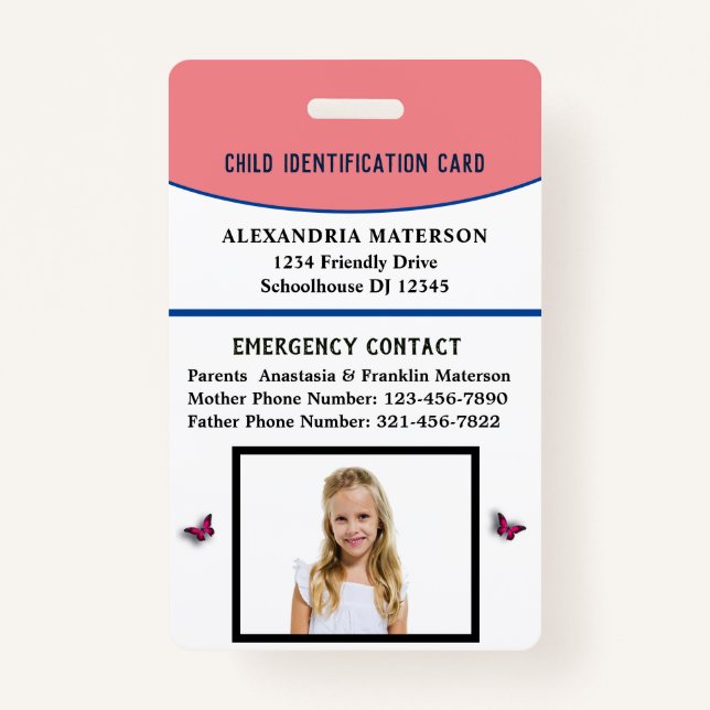 Child Boy Girl ID Identification Card Allergy Badge (Front)