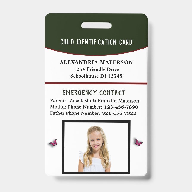 Child Boy Girl ID Identification Card Emergency Badge (Front)