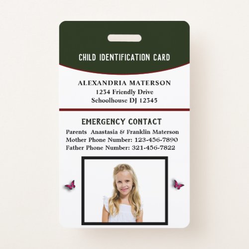Child Boy Girl ID Identification Card Emergency Badge