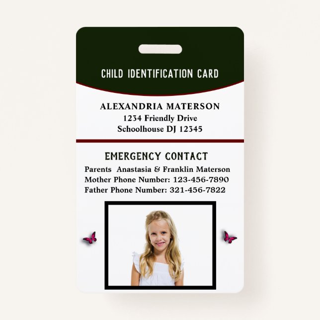 Child Boy Girl ID Identification Card Emergency Badge (Front)