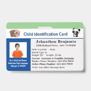 Child Boy Girl ID Identification Card Personalize Badge