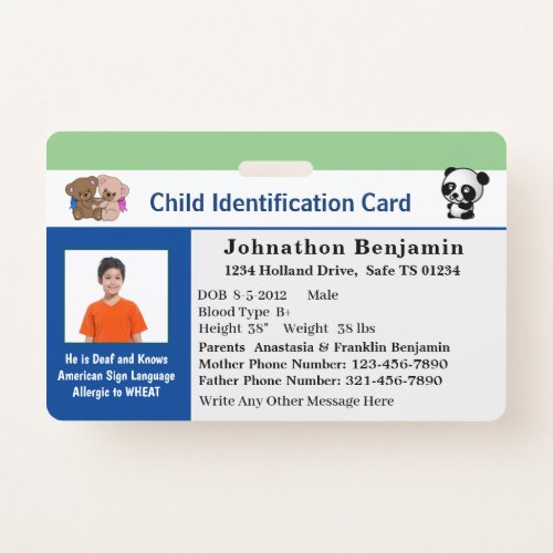 Child Boy Girl ID Identification Card Personalize  Badge