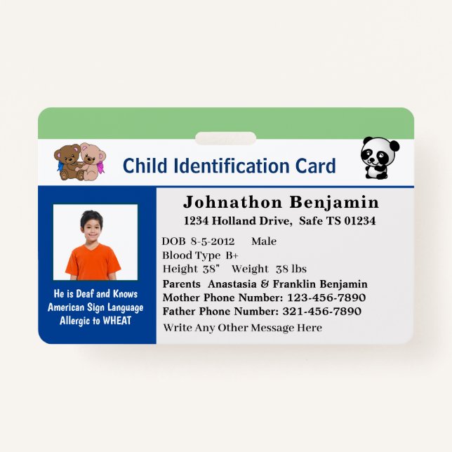 Child Boy Girl ID Identification Card Personalize  Badge (Front)