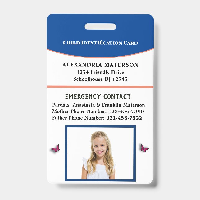 Child Boy Girl ID Identification Card Personalize Badge (Front)