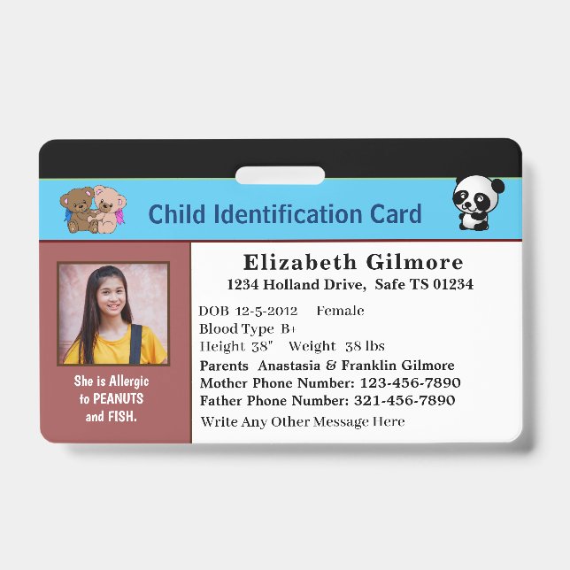 Child Boy Girl ID Identification Card Personalize  Badge (Front)