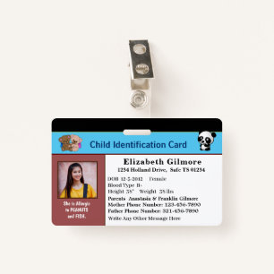Child Boy Girl ID Identification Card Personalize Badge