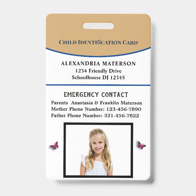 Child Boy Girl ID Identification Emergency Card Badge (Front)