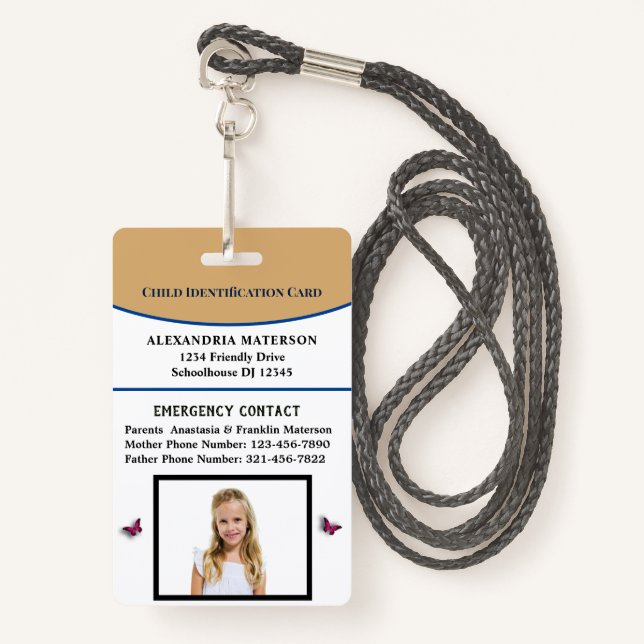 Child Boy Girl ID Identification Emergency Card Badge (Front with Lanyard)