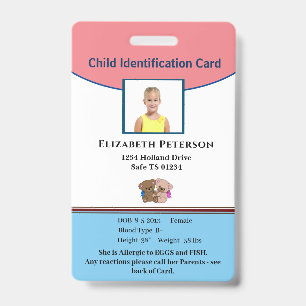 Child Boy Girl ID Identification Personalize  Badge
