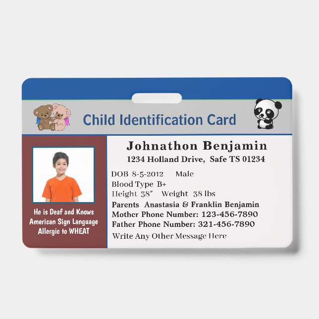 Child Boy Girl ID Identification Personalize Card Badge (Front)