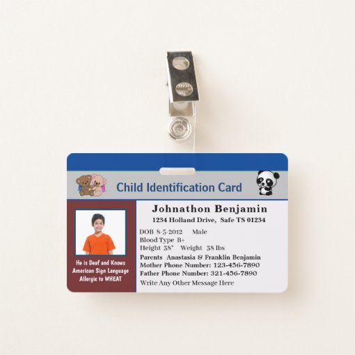 Child Boy Girl ID Identification Personalize Card Badge | Zazzle