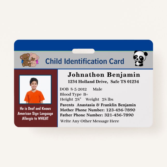 Child Boy Girl ID Identification Personalize Card Badge (Front)