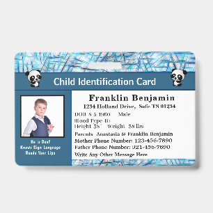 Child Boy Girl ID Identification Personalize Card Badge