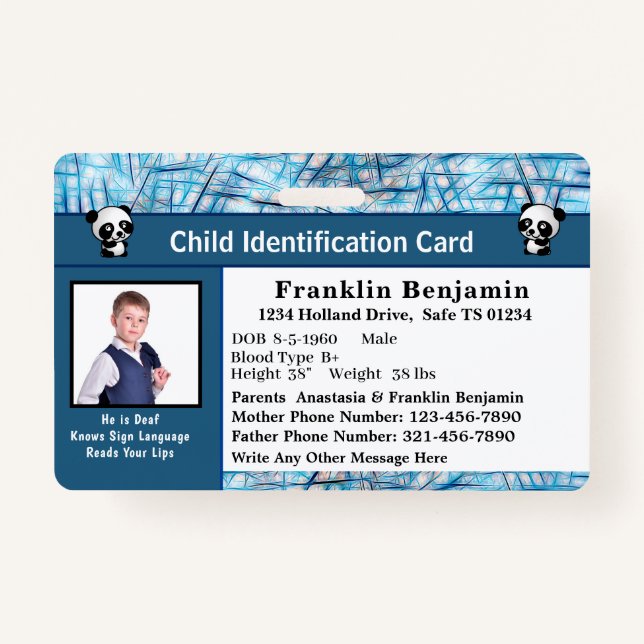 Child Boy Girl ID Identification Personalize Card Badge (Front)