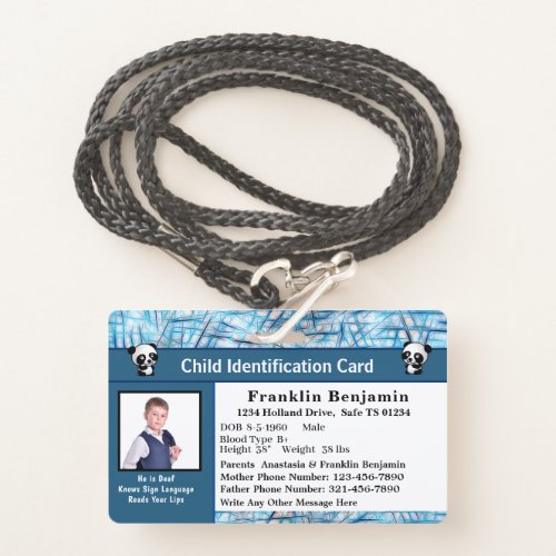 Child Boy Girl ID Identification Personalize Card Badge