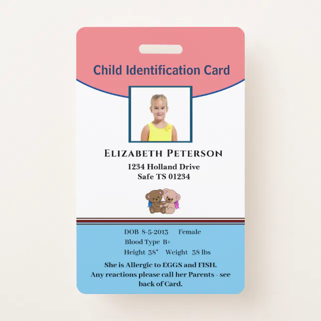 Child Boy Girl ID Identification Personalize Card Badge | Zazzle