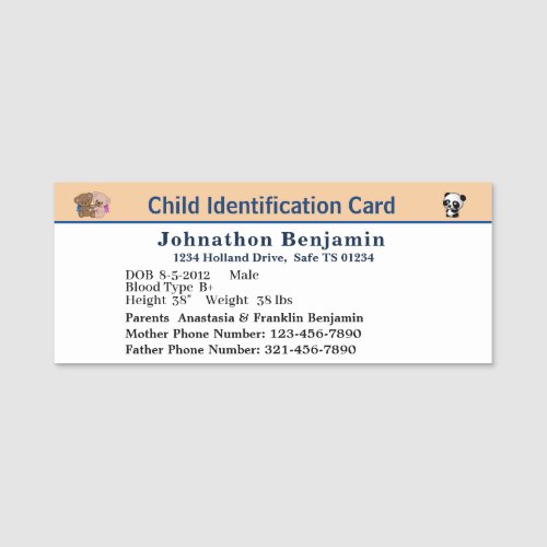 Child Boy Girl ID Identification Personalize Card Name Tag