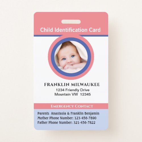 Child Boy Girl Kid Photo ID Identification Card Badge