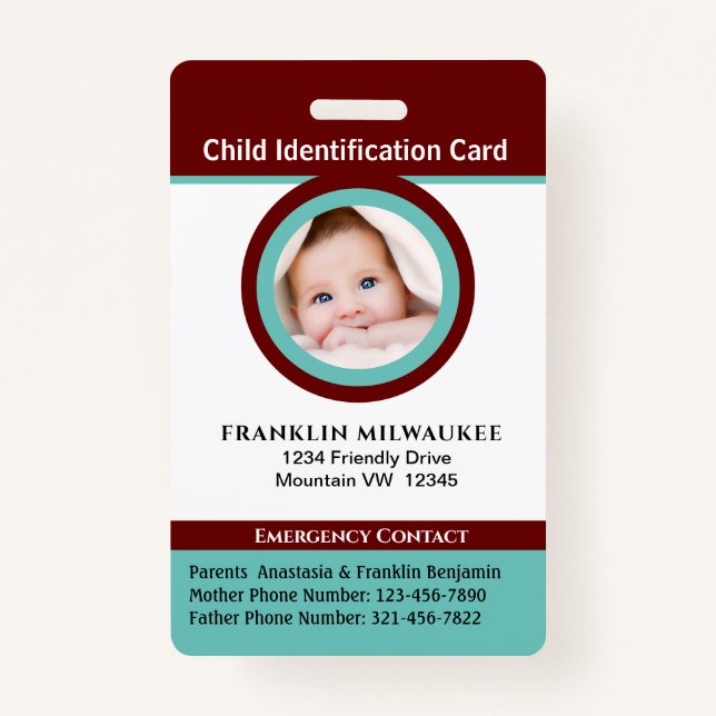 Child Boy Girl Photo ID Identification Card Badge (Front)
