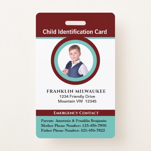 Child Boy Girl Photo ID Identification Card Badge
