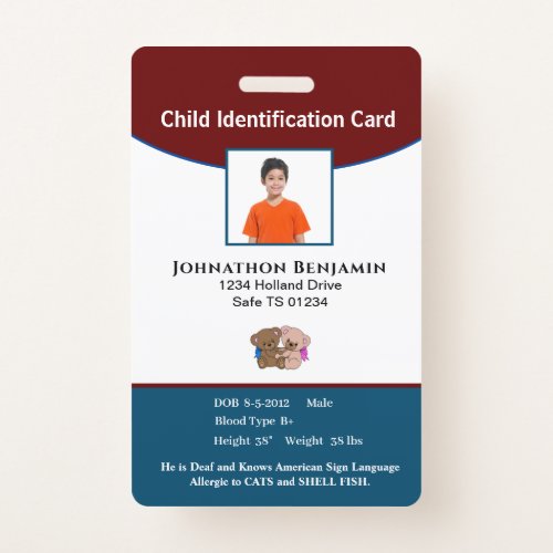 Child Boy Girl Photo Parent Contact Alert ID Badge