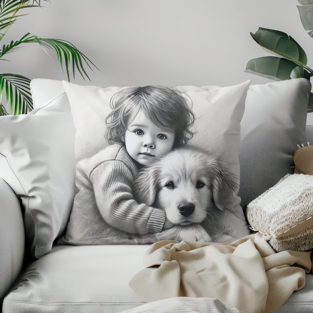 Child & Dog Innocence Captured Sketch Effect Throw Pillow (Creator Uploaded)
