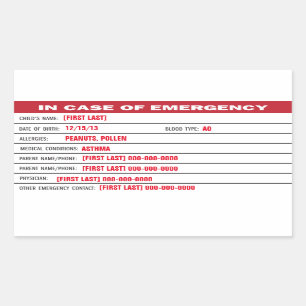 Child Emergency Information Sticker