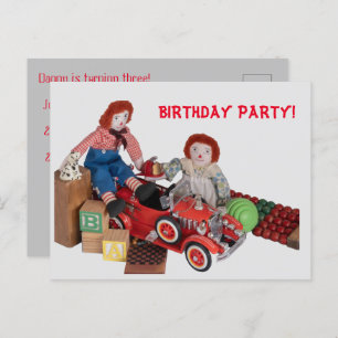 Child fire engine Raggedy Ann Andy Birthday party Invitation Postcard