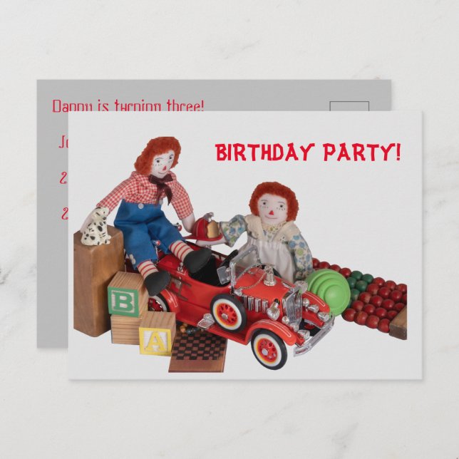 Child fire engine Raggedy Ann Andy Birthday party Invitation Postcard (Front/Back)