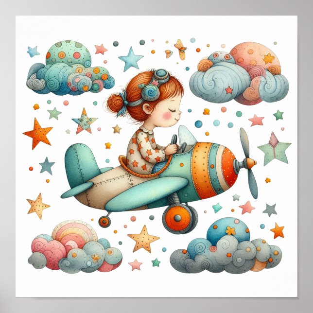 Child Flying a Propeller Plane Whimsical Nursery  Poster (Front)