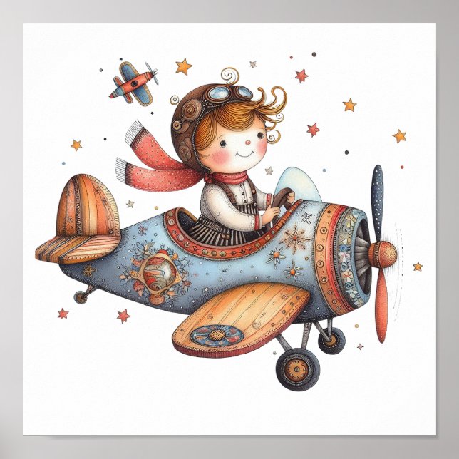Child Flying Old Airplane Whimsical Nursery Art Poster (Front)