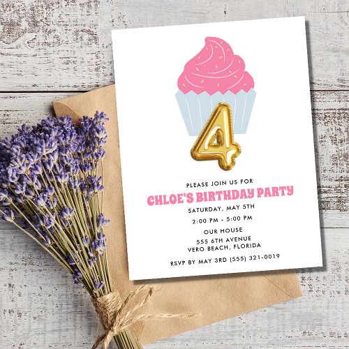 Child Girl Cupcake 4th Birthday Party  Invitation