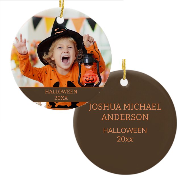 Child Grandchild Halloween Photo Name Date Ceramic Ornament (Halloween photo ornament)