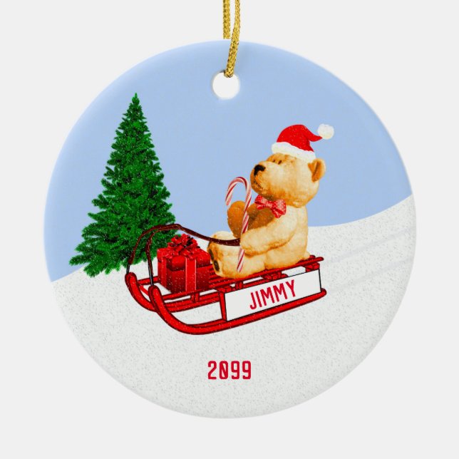 Child Grandchild Teddy Bear on Sled w Present Ceramic Ornament (Front)