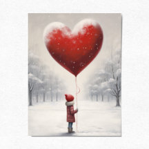 Child holding balloon heart, Cute Winter Scene