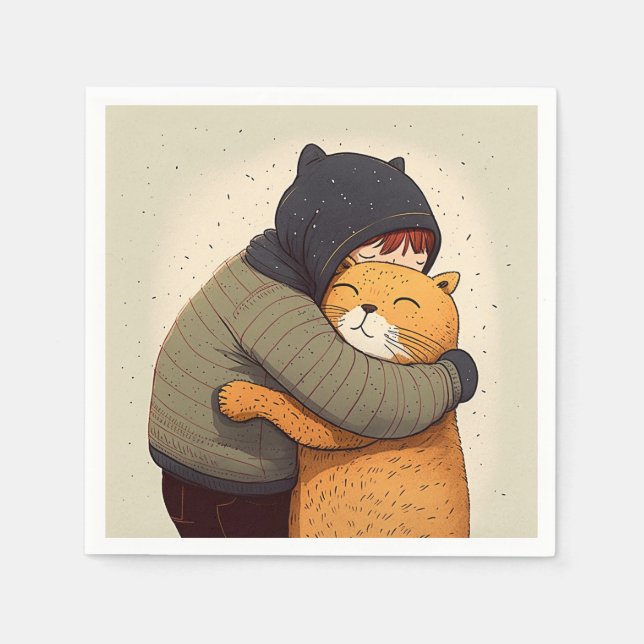 Child hugs cute ginger cat. Kid and funny animal  Napkins (Front)