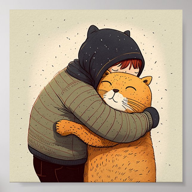 Child hugs cute ginger cat. Kid and funny animal  Poster (Front)