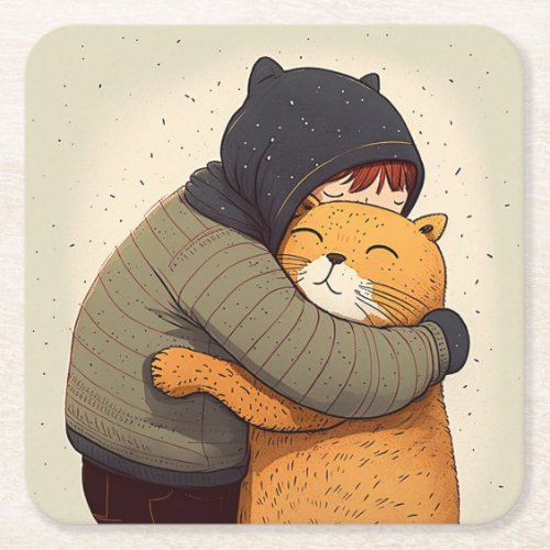 Child hugs cute ginger cat Kid and funny animal Square Paper Coaster