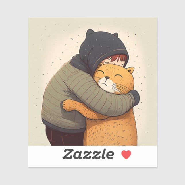 Child hugs cute ginger cat. Kid and funny animal  Sticker (Sheet)