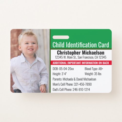 Child ID Emergency Allergy Photo Identification Badge