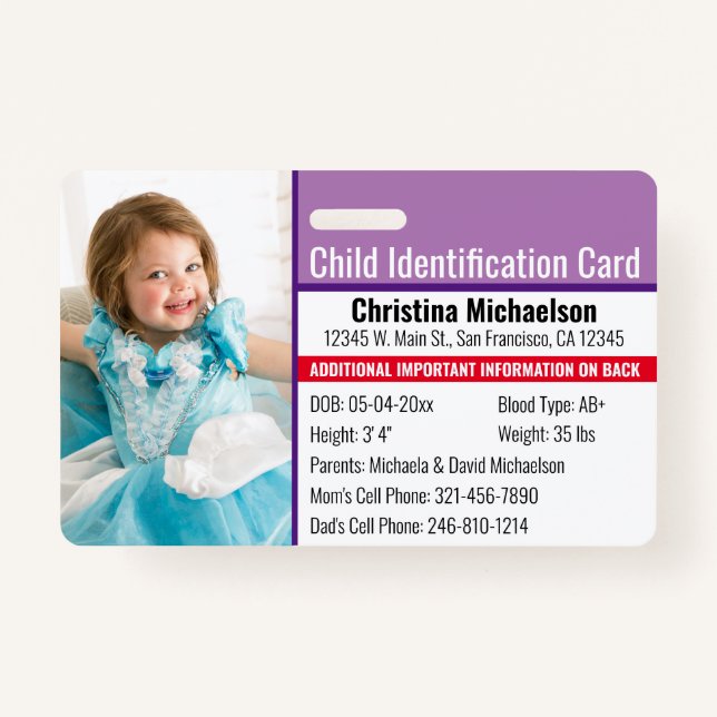 Child ID Emergency Allergy Photo Identification Badge (Front)